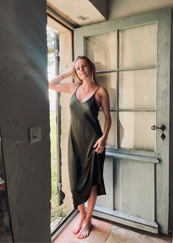 The Ivy Silk Slip in Olive