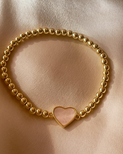 Gold Beaded Stretch Bracelet with Heart Accent