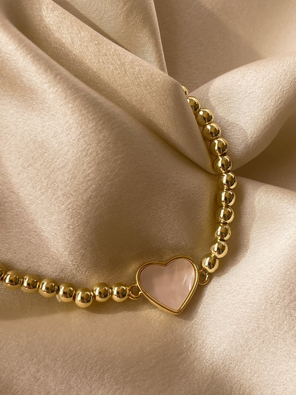 Gold Beaded Stretch Bracelet with Heart Accent