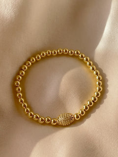 Gold Beaded Stretch Bracelet with Pavé Oval Accent