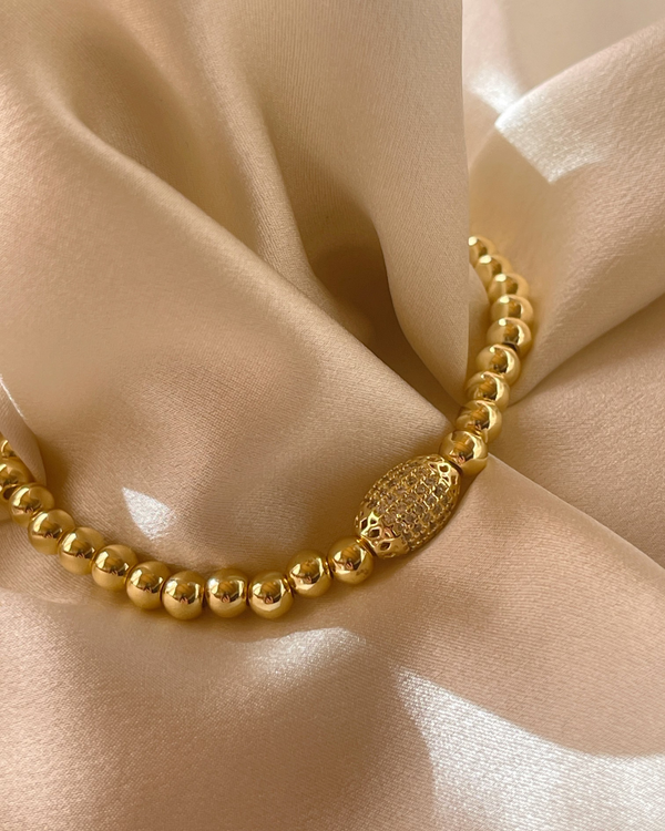 Gold Beaded Stretch Bracelet with Pavé Oval Accent