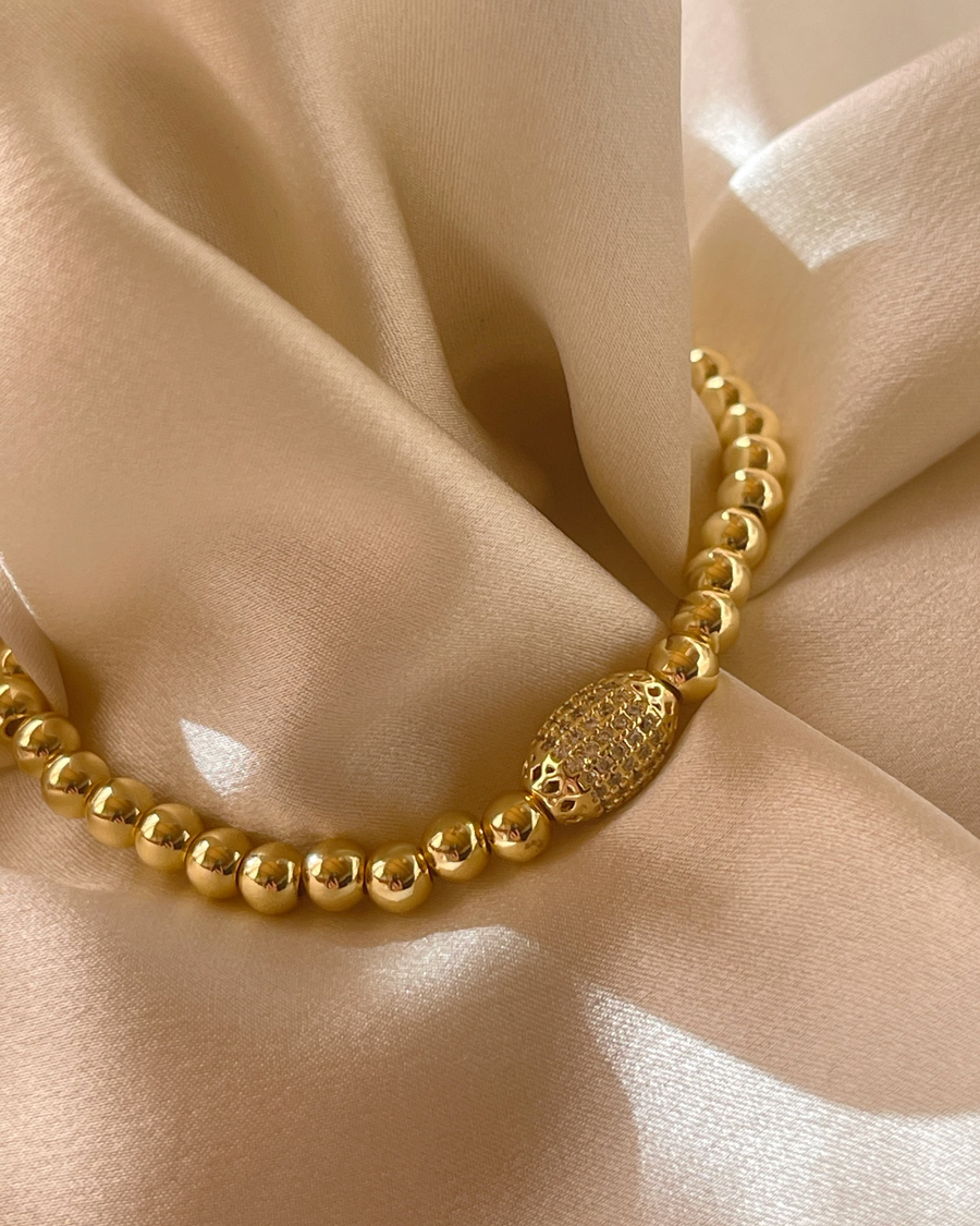 Gold Beaded Stretch Bracelet with Pavé Oval Accent