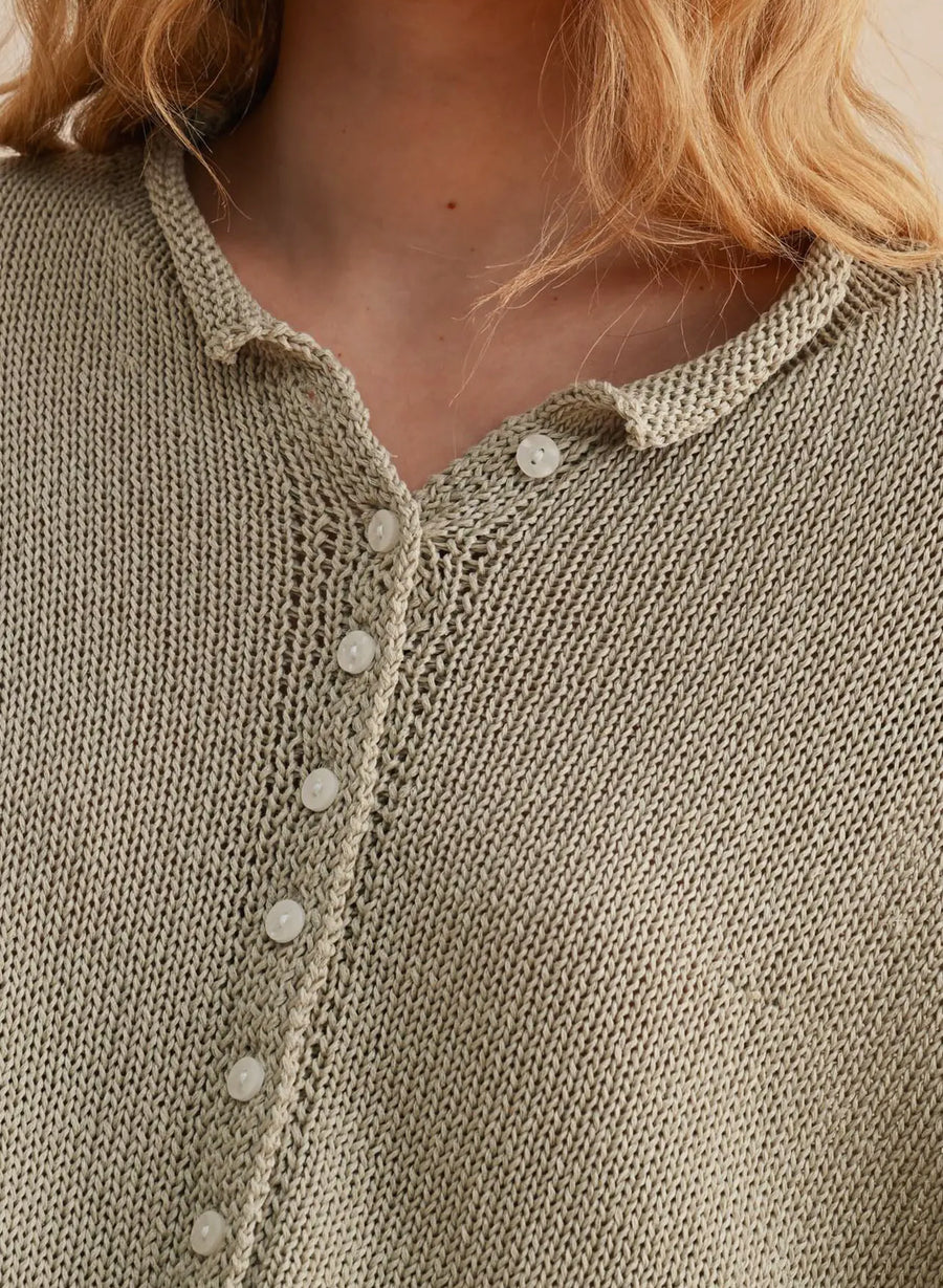 Sage Cotton Henley Knit Sweater