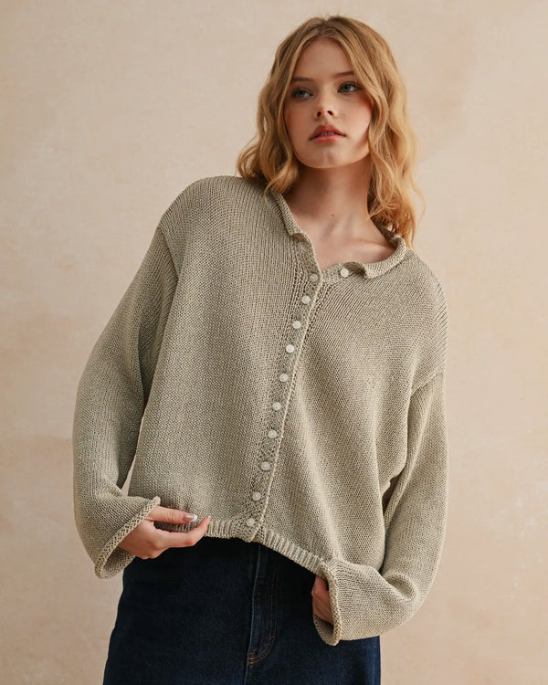 Sage Cotton Henley Knit Sweater