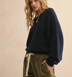 Navy Wool-Blend Henley Sweater