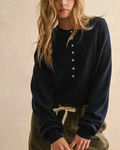 Navy Wool-Blend Henley Sweater