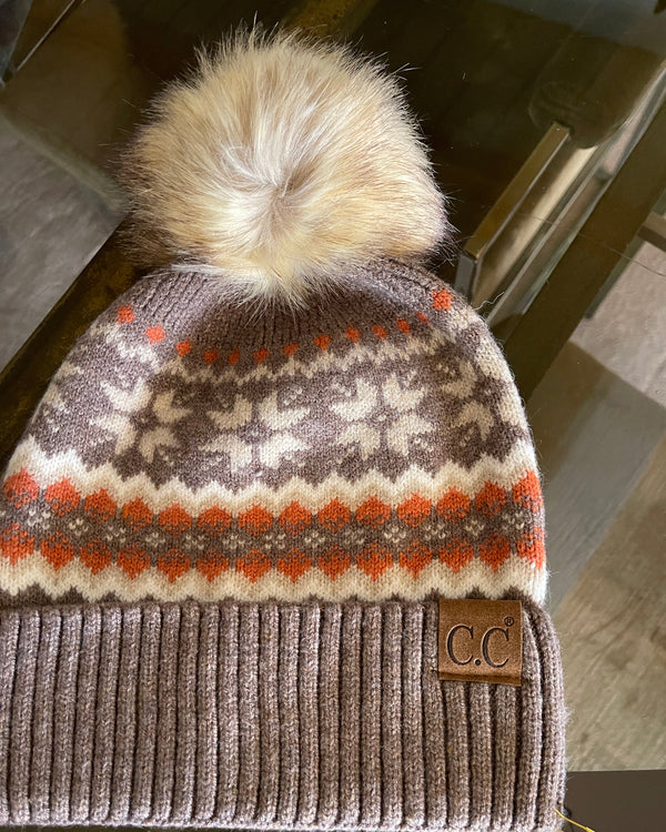 Mocha Fair Isle Pom Beanie