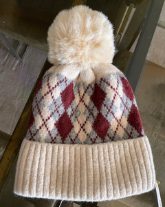 Burgundy Argyle Pom Beanie