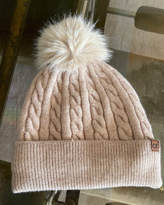 Taupe Cable Knit Pom Beanie