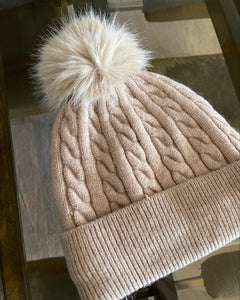 Taupe Cable Knit Pom Beanie