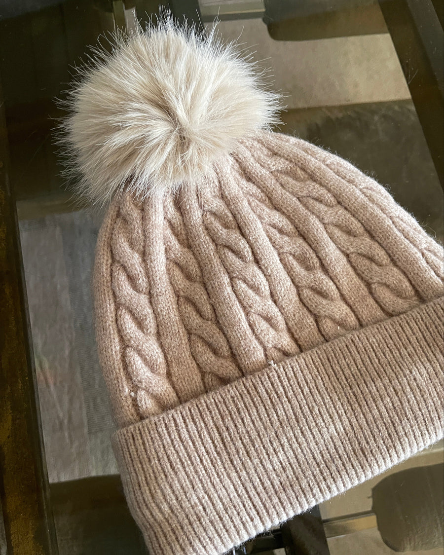 Taupe Cable Knit Pom Beanie