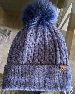 Blue Cable Knit Pom Beanie
