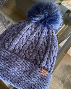 Blue Cable Knit Pom Beanie