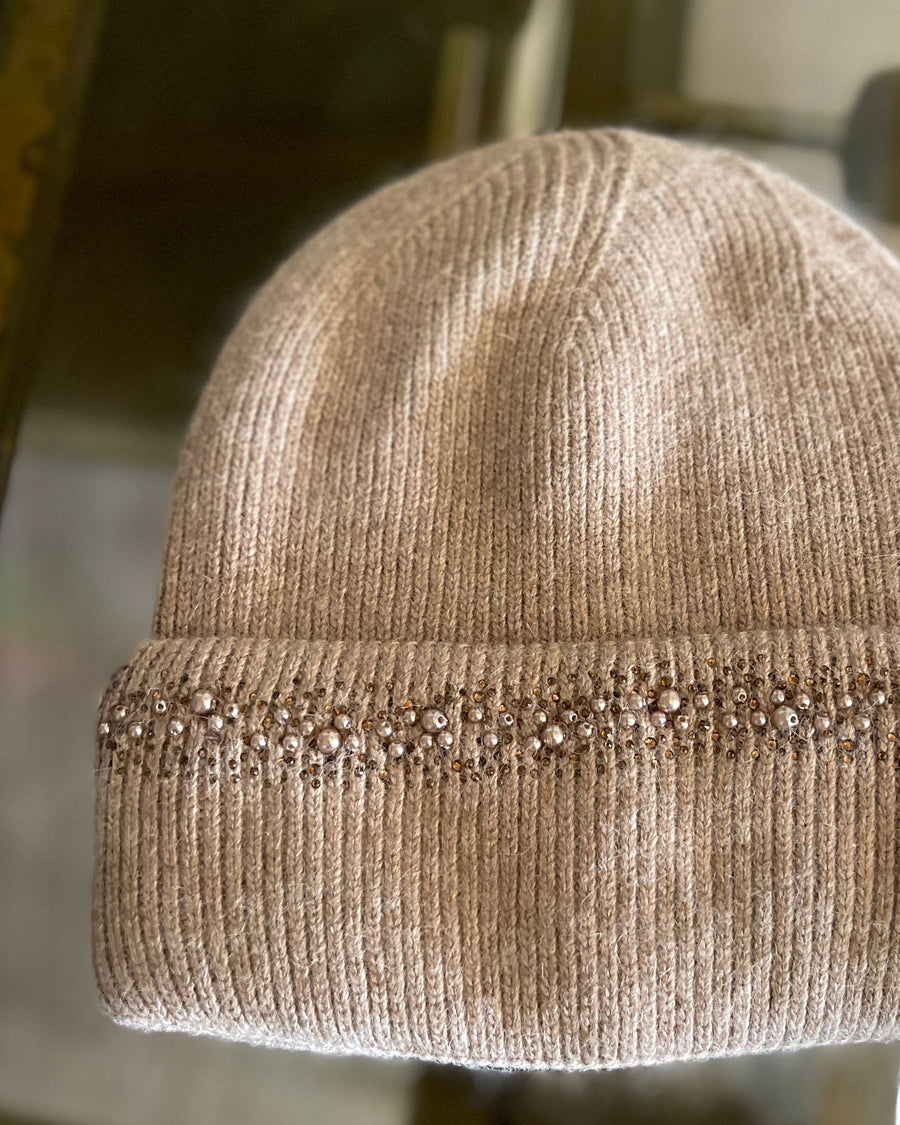 Taupe Pearl & Rhinestone Beanie