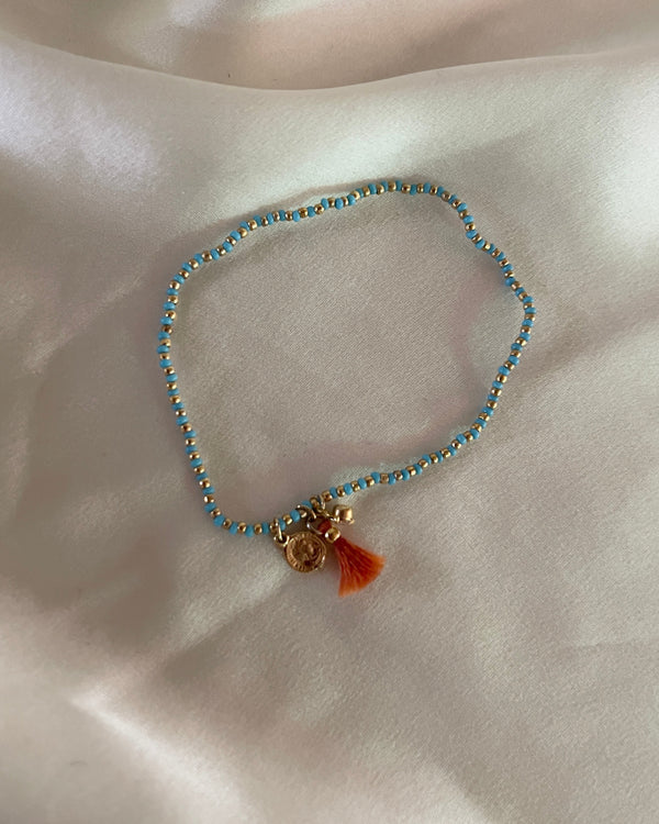 Tiny Turquoise Seed Bead Bracelet with Gold Charms