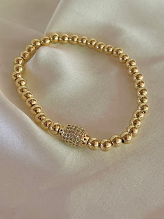 Gold Beaded Stretch Bracelet with Pavé Oval Accent