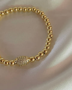 Gold Beaded Stretch Bracelet with Pavé Oval Accent