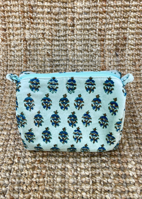 Velvet Block Print Cosmetic Pouch - Mint