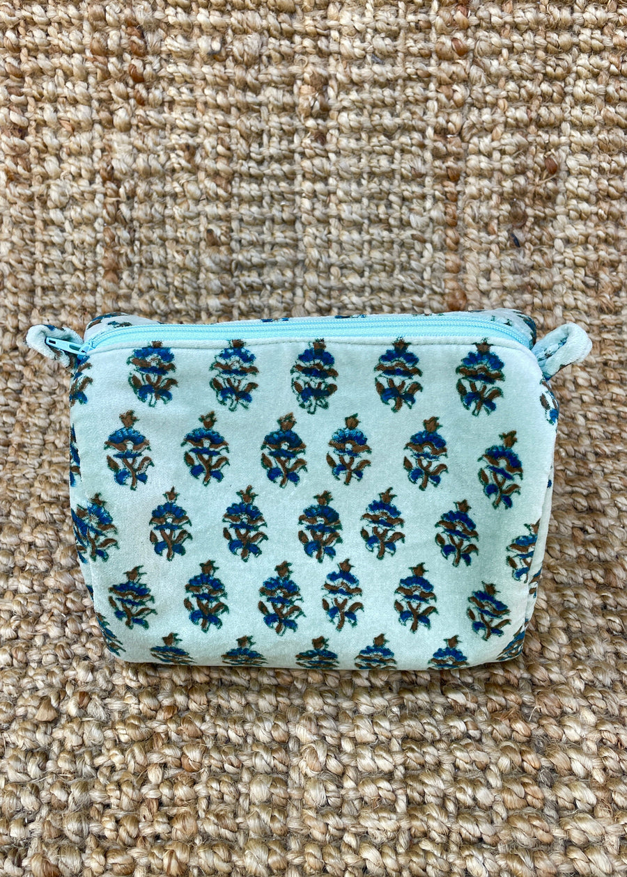 Velvet Block Print Cosmetic Pouch - Mint