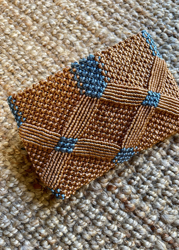 Handmade Macramé Clutch- Caramel & Dusty Blue