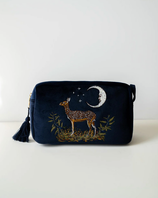Deer & Moon Embroidered Blueberry Velvet Pouch