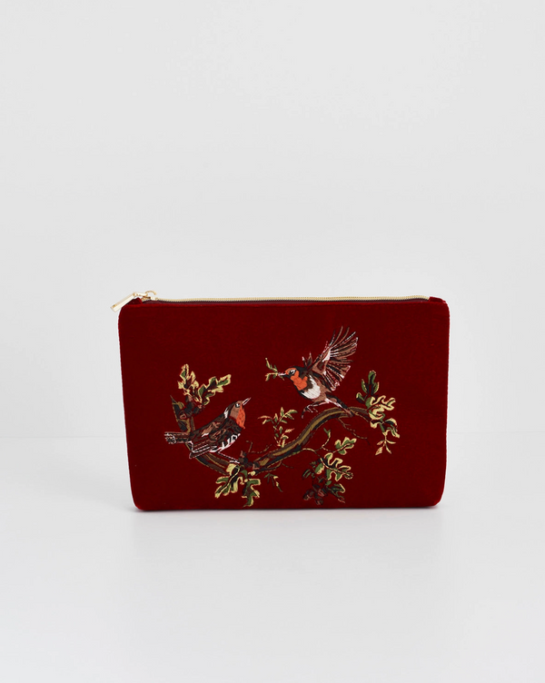 Robin Love Embroidered Red Pouch