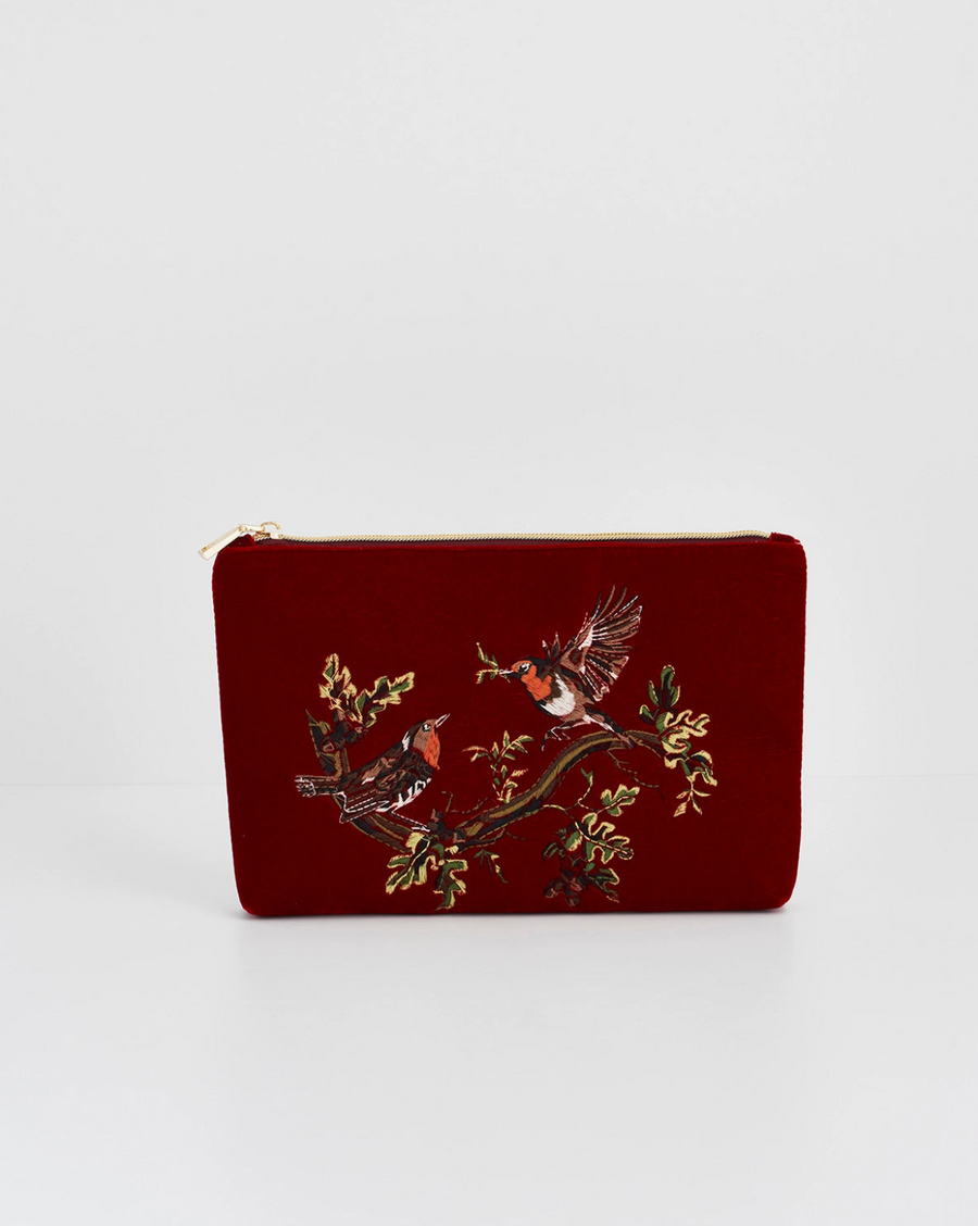 Robin Love Embroidered Red Pouch