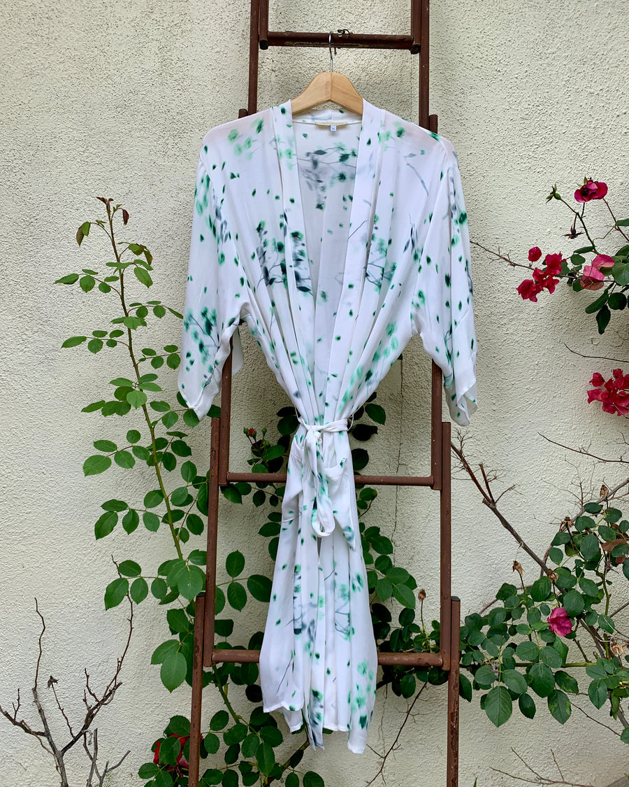 Cara Robe in Green and White Print Silk